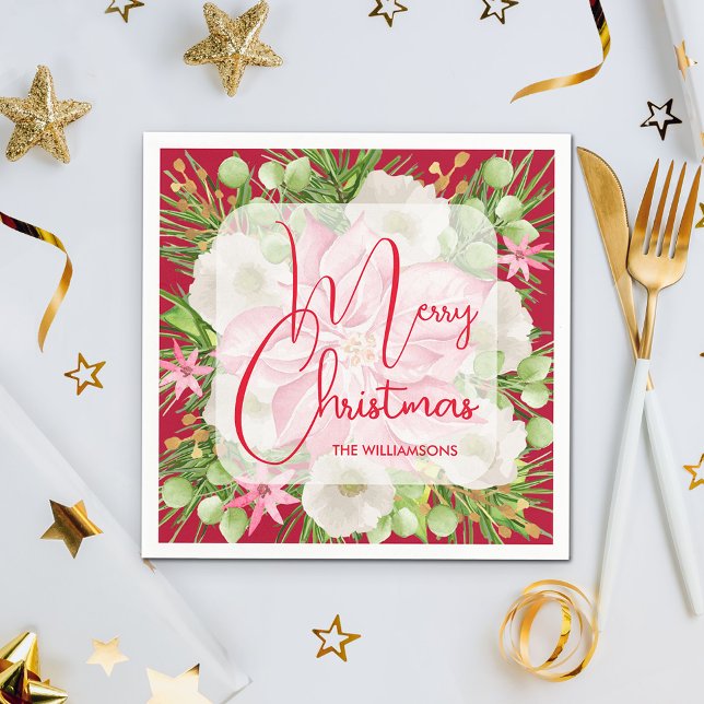Servilleta De Papel Poinsettia Merry Christmas (Poinsettia Merry Christmas Napkins)