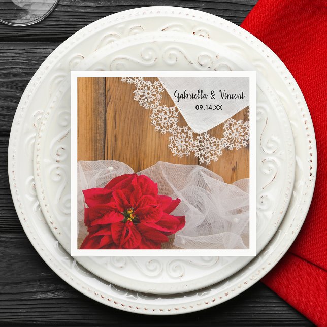 Servilleta De Papel Poinsettia rústica y Boda de granero de invierno d (Set a festive table with this rustic chic December wedding paper napkin.)