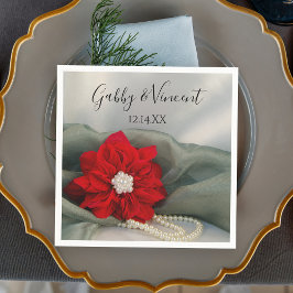 Servilleta De Papel Poinsettia y perlas en la boda verde de invierno