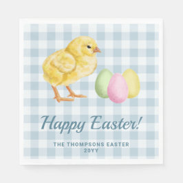 Servilleta De Papel Pollito y Huevos al Acuarela en Azul Feliz Pascua