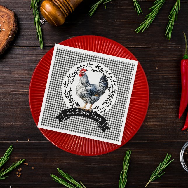 Servilleta De Papel Pollo rústico de gallo de campo BW Gingham Checks (Rustic Country Rooster Chicken Black and White Gingham Checks Family Name Script Text Paper Napkins)