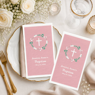 Servilleta De Papel Polvo Rosa Blanco Cruz Floral Cresta Bautismo