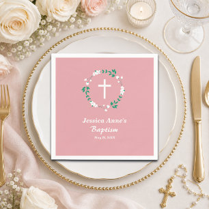 Servilleta De Papel Polvo Rosa Blanco Cruz Floral Cresta Bautismo