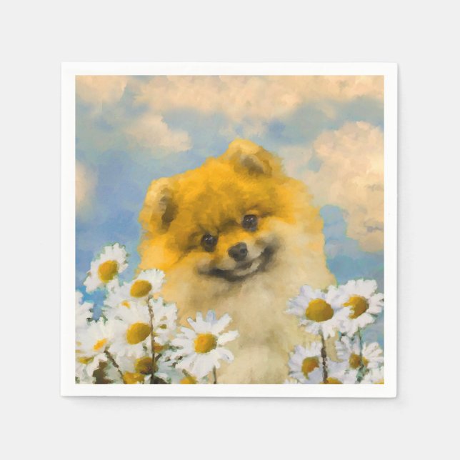 Servilleta De Papel Pomerania en pintura de Daisies - Arte de perro or (Anverso)