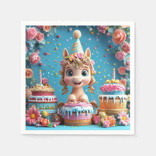 Servilleta De Papel Poni de dibujos animados adorable celebrando cumpl