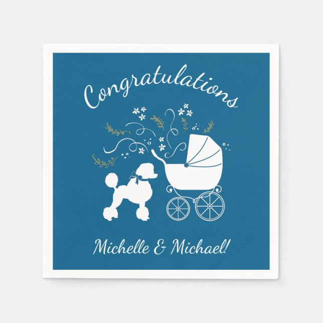 Servilleta De Papel Poodle Baby Shower Blue (Anverso)