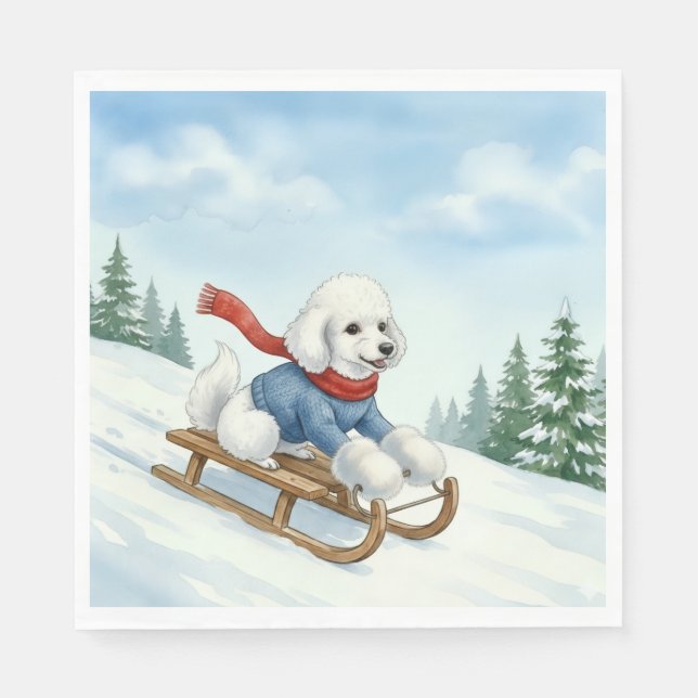 Servilleta De Papel Poodle de Navidad en trineo, Servilletas (Anverso)