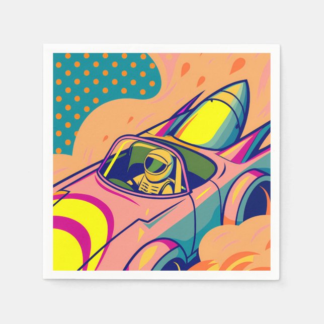 Servilleta De Papel Pop Art Astronaut Driving Rocket Car (Anverso)