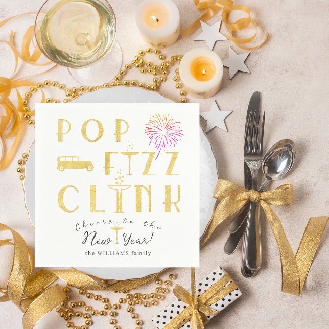 Servilleta De Papel Pop Fizz Clink Gold Modern Typograpy New Years Eve (Pop Fizz Clink Gold Modern Typography New Year's Eve Gatsby Theme Old Money Party Napkins)