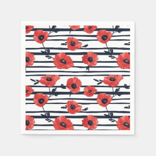 Servilleta De Papel Poppies rojos con hojas azules y patrón rayado 3