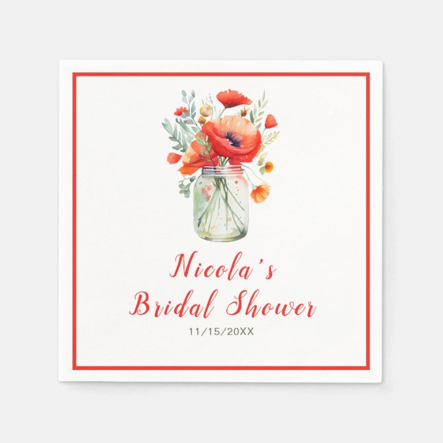 Servilleta De Papel Poppies rojos Mason Jar Bridal Shower (Anverso)