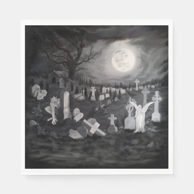 Servilleta De Papel Por la noche en el cementerio - Ángel con el diabl (Anverso)