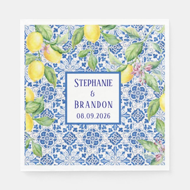 Servilleta De Papel Portuguese Tiles Lemons Mediterranean Wedding (Anverso)