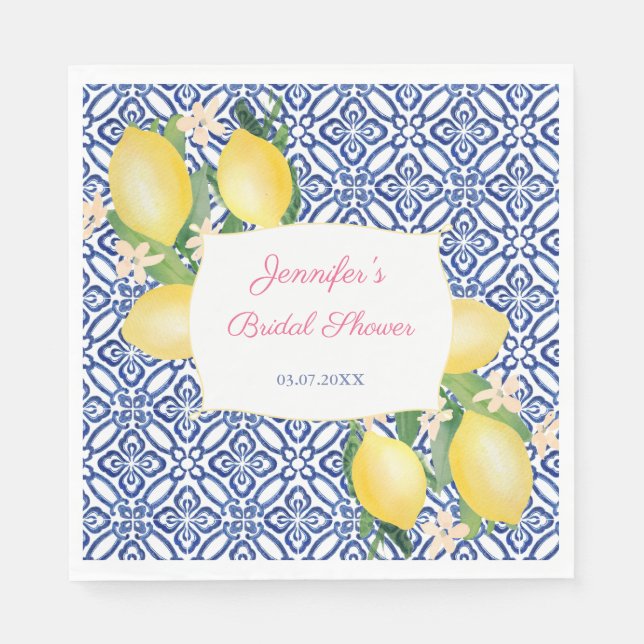 Servilleta De Papel Positano Lemons Italiano Blue Tiles Bridal Shower (Anverso)