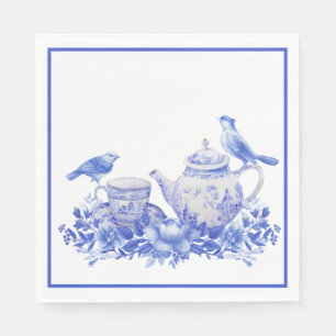 Servilleta De Papel Pota de té floral azul y blanco con pájaros