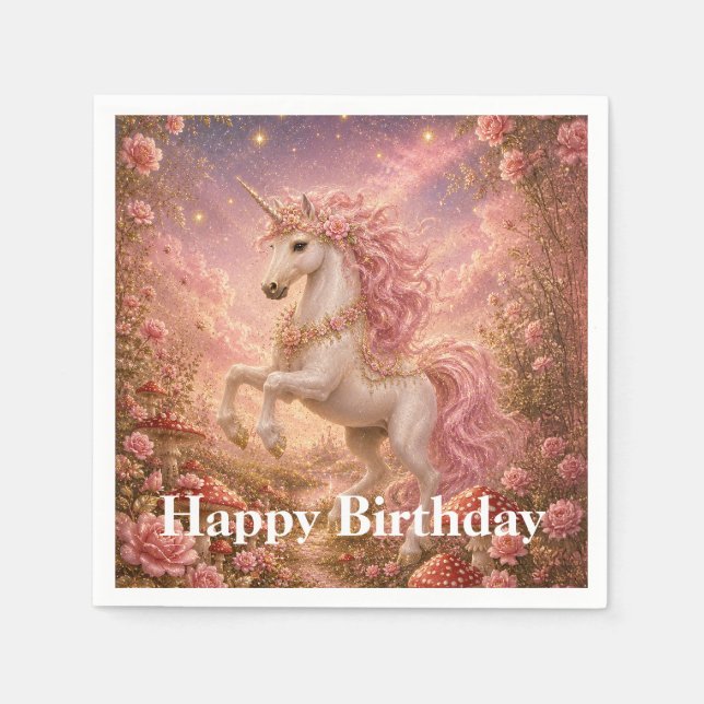 Servilleta De Papel Prancing Unicorn Enchanted Meadow Feliz Cumpleaños (Anverso)