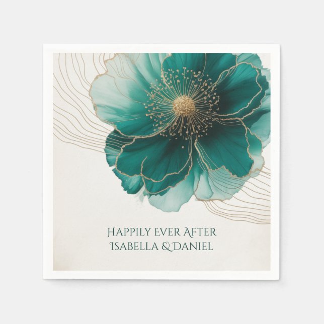 Servilleta De Papel Preciosa Boda Floral Teal Dorado (Anverso)