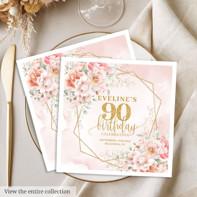 Servilleta De Papel Preciosa fiesta de cumpleaños número 90 con flores (Gorgeous blush pink floral 90th birthday party Napkins)