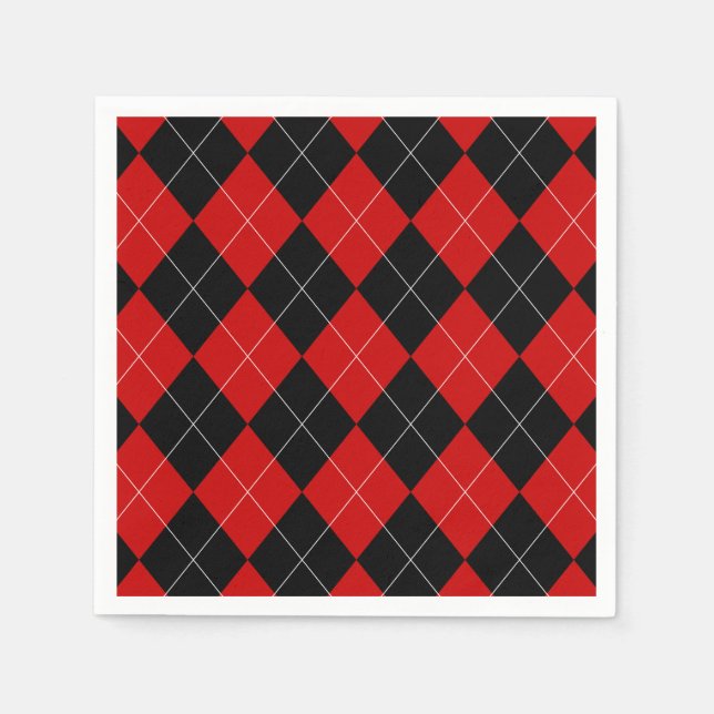 Servilleta De Papel Preppy Argyle Tartán Diamond Plantado Rojo Negro (Anverso)