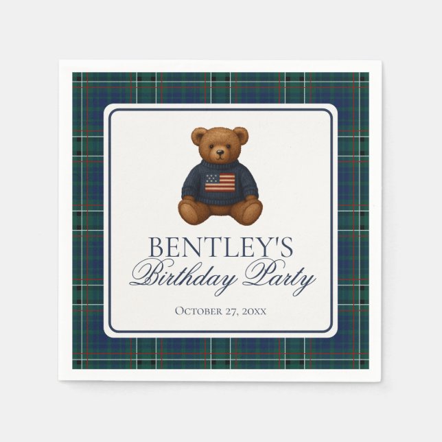 Servilleta De Papel Preppy Bear Tartan Pattern Boy Birthday Party (Anverso)