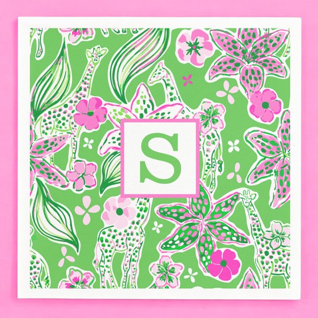 Servilleta De Papel Preppy Giraffes Lily Pink Green Monograma (Subido por el creador)