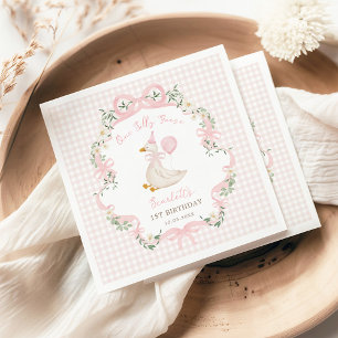 Servilleta De Papel Preppy One Silly Goose Pink Bow Primer cumpleaños
