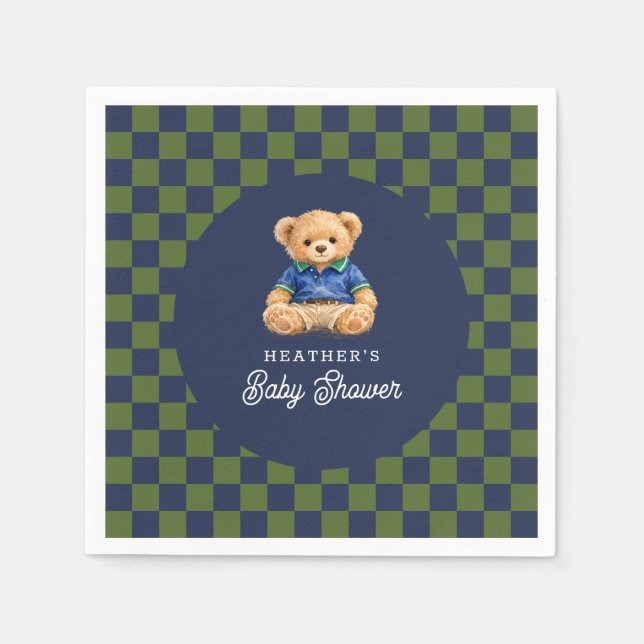 Servilleta De Papel Preppy Teddy Bear Checkboard Baby Shower (Anverso)