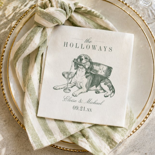 Servilleta De Papel Preppy Verde Salvia Beagle Champagne Boda (Preppy Sage Green Beagle Champagne Wedding Napkins)