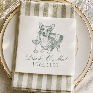 Servilleta De Papel Preppy Verde Salvia Corgi Champán Boda