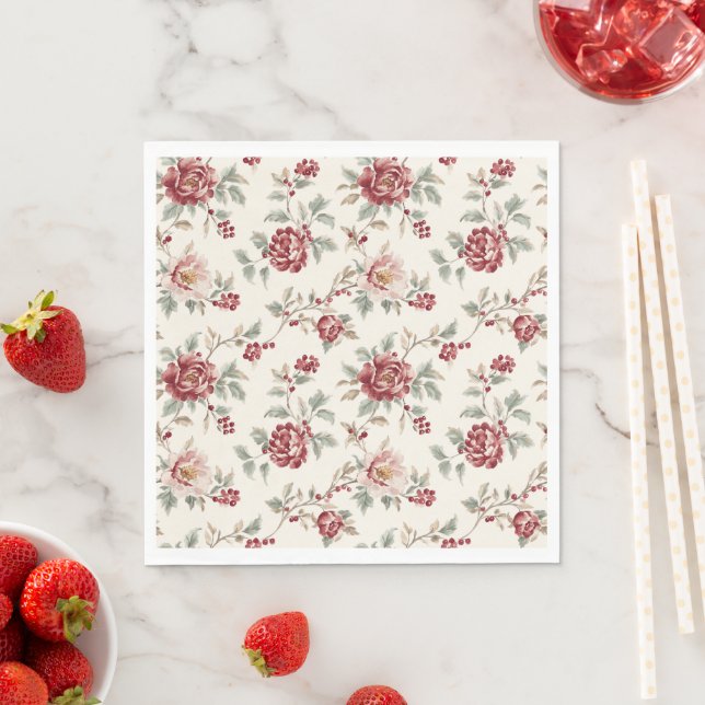 Servilleta De Papel Pretty Chic Red Cream Floral Birthday  (In situ)