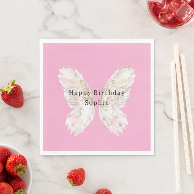 Servilleta De Papel Pretty Girly Pink Butterfly Wings Birthday (In situ)
