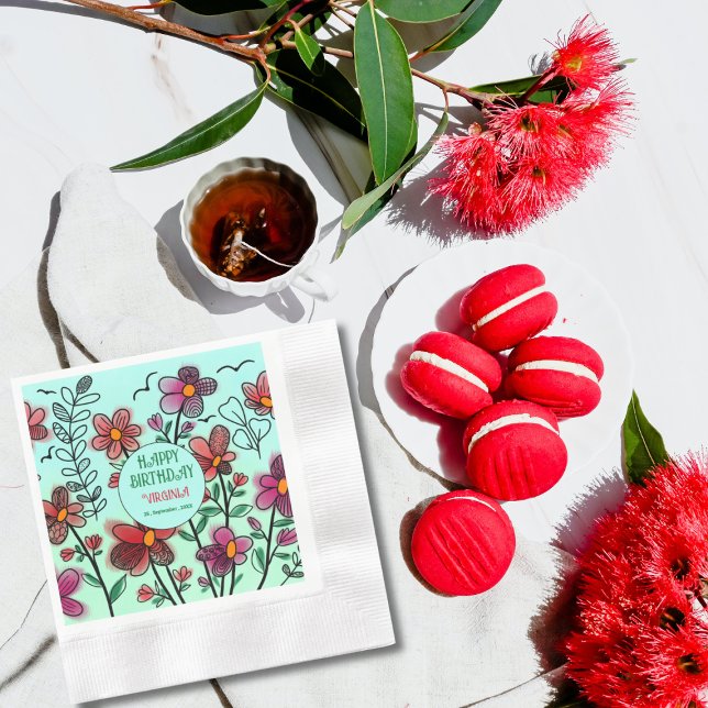 SERVILLETA DE PAPEL PRIMAVERA ÚNICA DOODLE ROJO FLORES CUMPLEAÑOS (Subido por el creador)