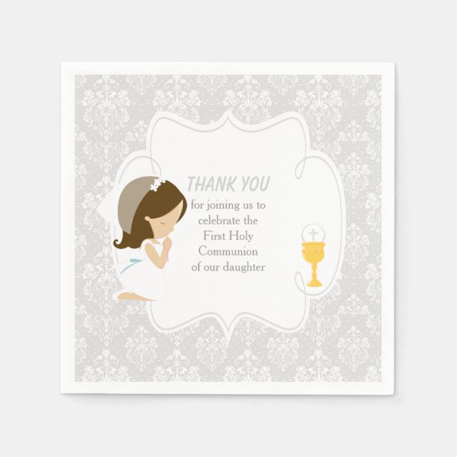 Servilleta De Papel Primer brunette de la comunión Chica Silver Damask (Anverso)