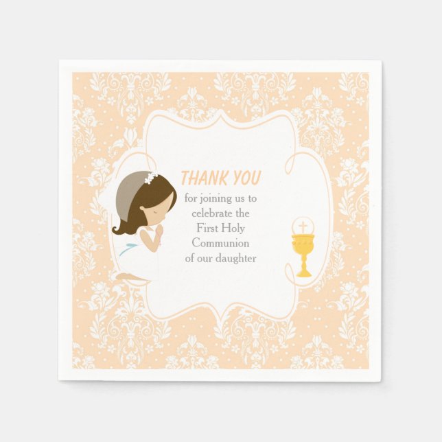 Servilleta De Papel Primer Chica de Brunette Communia Peach Damask (Anverso)
