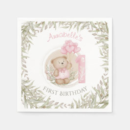 Servilleta De Papel Primer cumpleaños Cute Teddy Bear Heart Balloons