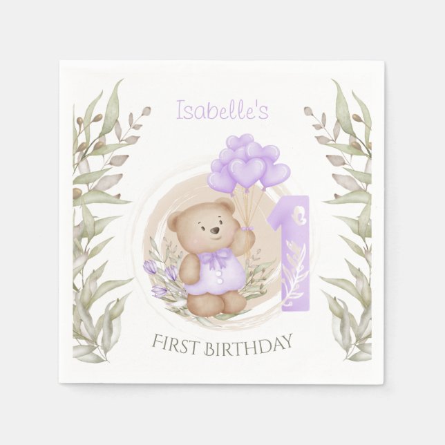 Servilleta De Papel Primer cumpleaños Cute Teddy Bear Heart Balloons (Anverso)