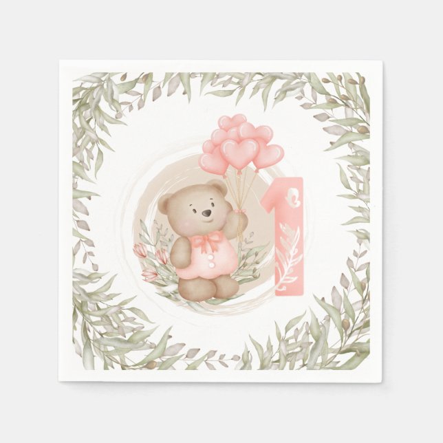 Servilleta De Papel Primer cumpleaños Cute Teddy Bear Heart Balloons (Anverso)