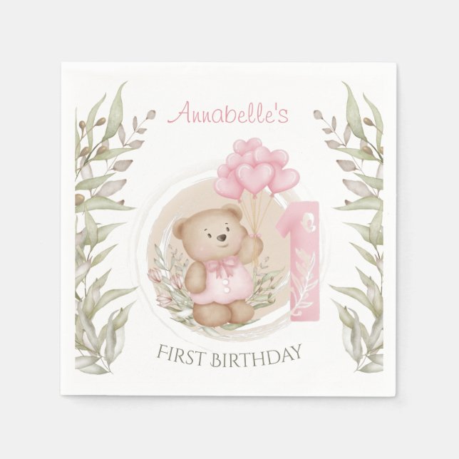 Servilleta De Papel Primer cumpleaños Cute Teddy Bear Heart Balloons (Anverso)