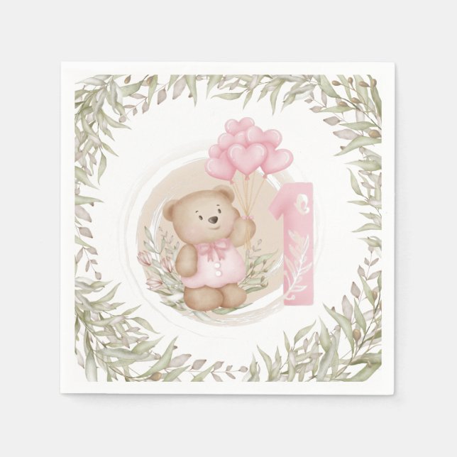 Servilleta De Papel Primer cumpleaños Cute Teddy Bear Heart Balloons (Anverso)