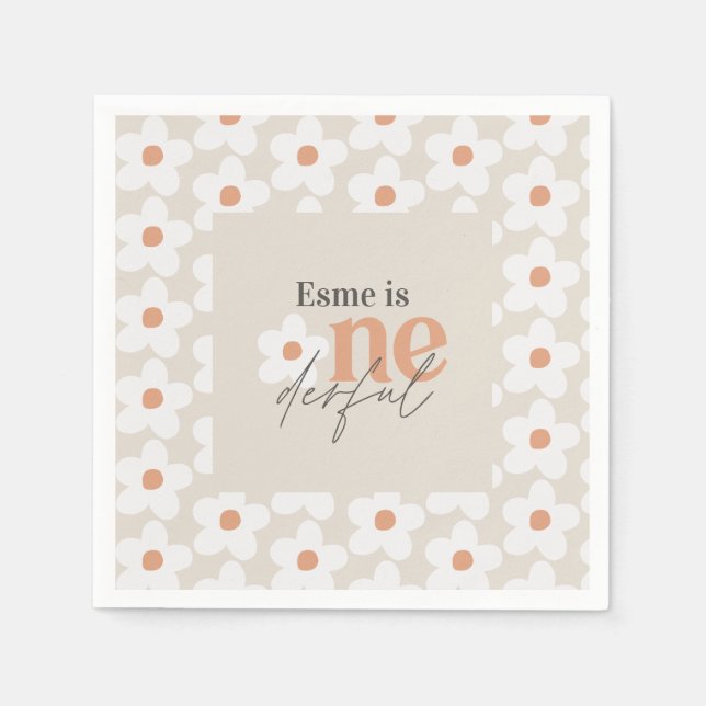Servilleta De Papel Primer cumpleaños daisy boho retro terracotta natu (Anverso)