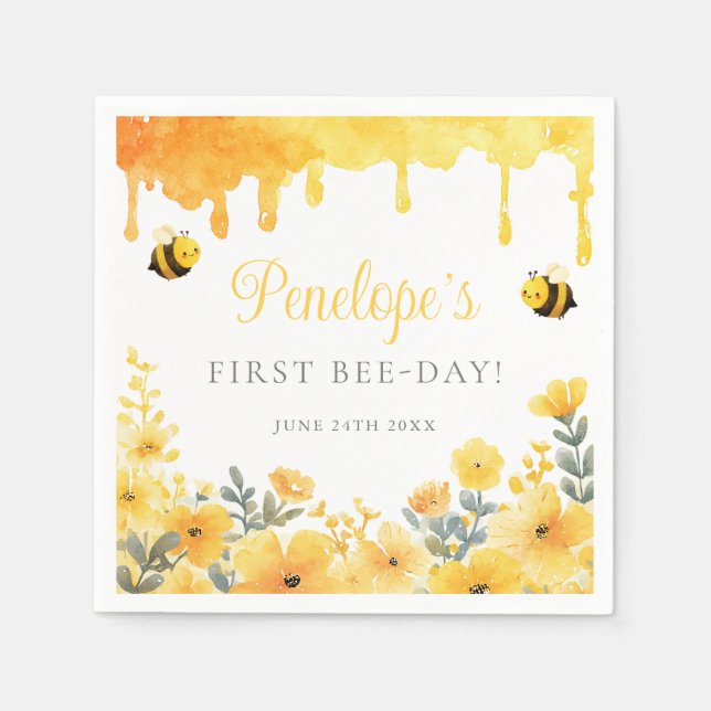 Servilleta De Papel Primer cumpleaños de abejas amarillas flores silve (Anverso)