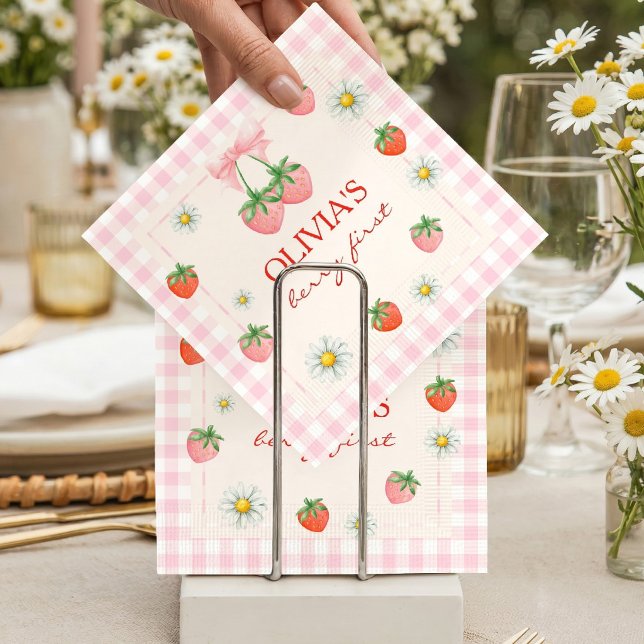 Servilleta De Papel Primer Cumpleaños de Berry Fresa y Cuadros de Colo (Berry 1st Birthday Strawberry Napkins)