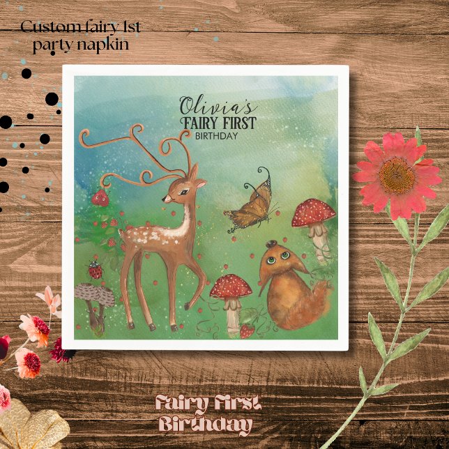 Servilleta De Papel Primer cumpleaños de los renos forestales encantad (Enchanted Forest Deer & Fox Fairy First Birthday Napkins
)