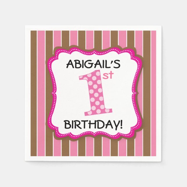 Servilleta De Papel Primer Cumpleaños de Niña Rayas Rosadas Marrones (Anverso)
