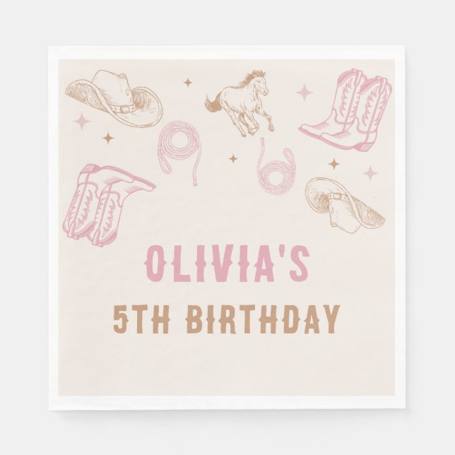 Servilleta De Papel Primer cumpleaños de niña rodeo occidental rosada (Anverso)