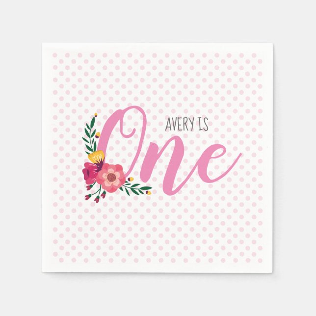 Servilleta De Papel Primer cumpleaños del bebé floral rosado (Anverso)