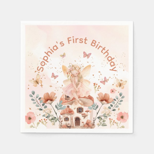 Servilleta De Papel Primer cumpleaños del Chica de hongos forestales e (Anverso)
