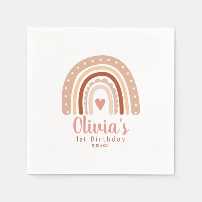 Servilleta De Papel Primer cumpleaños del Chica Earthy Tone Boho Rainb (Anverso)