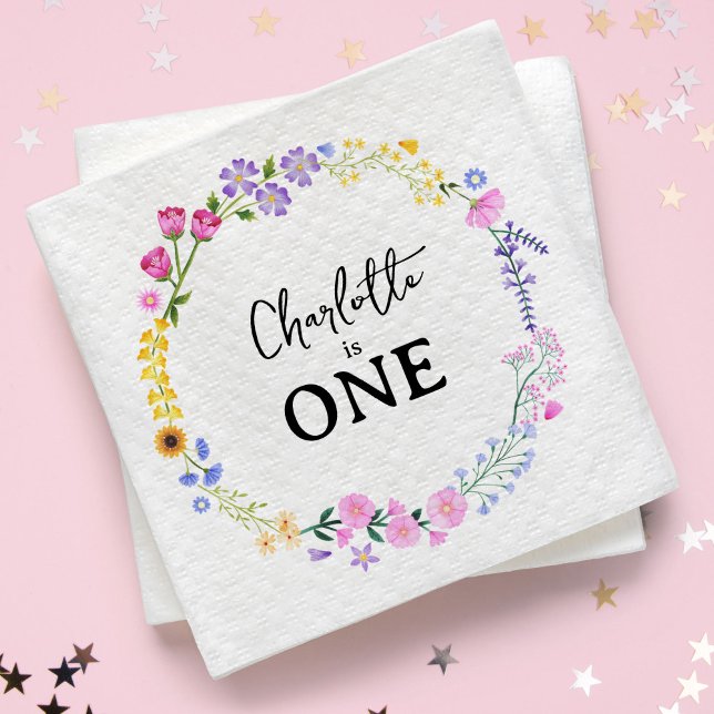 Servilleta De Papel Primer cumpleaños del pequeño Chica Wildflowers (Spring Wildflowers Girl's First Birthday Napkins)