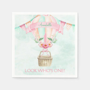 Servilleta De Papel Primer cumpleaños Hot Air Balloon Mint Peach Pink